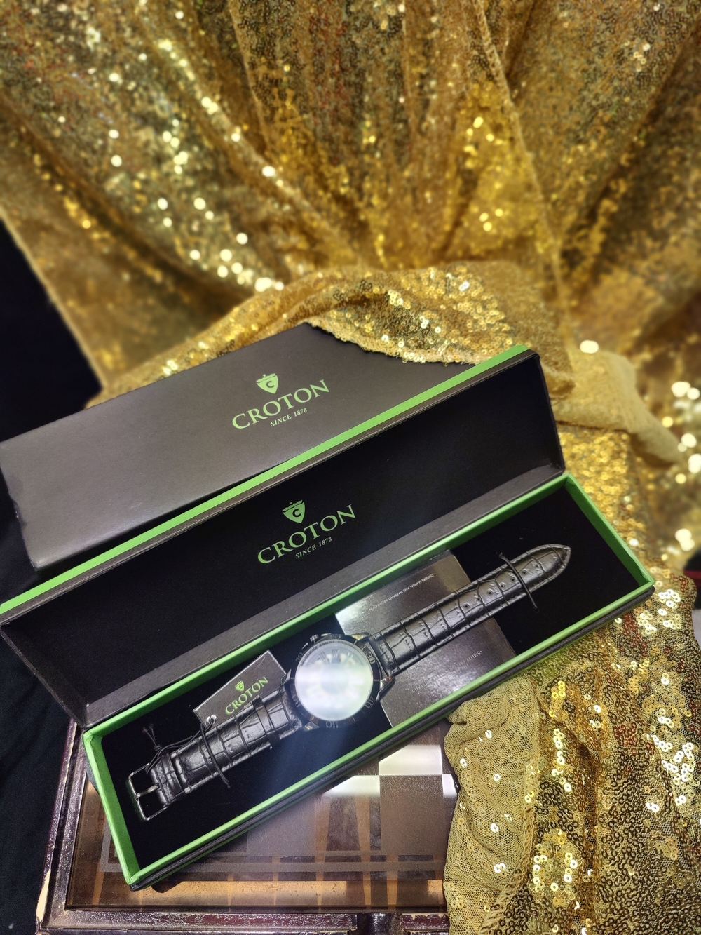 Croton Classic Black Leather Watch with Silver Case